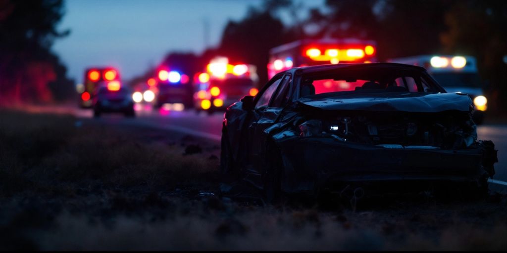 Wrecked car with emergency vehicles at accident site.