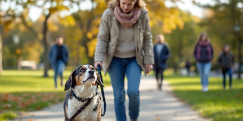 Dog owner walking a concerned dog in a park.