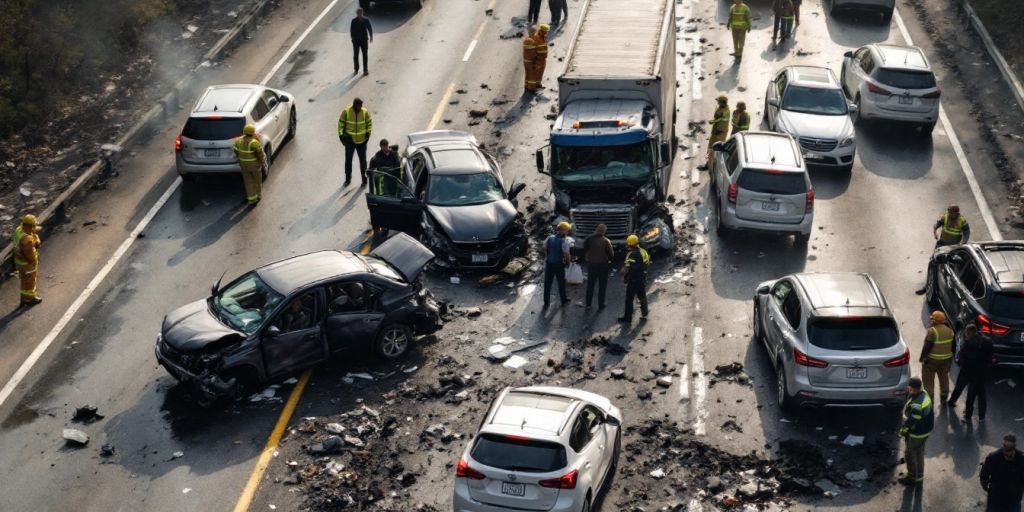 Multi-car accident with damaged vehicles and emergency responders.