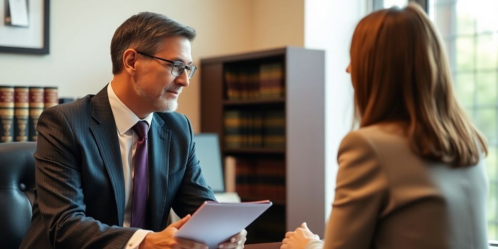 Lawyer consulting with client in office setting.