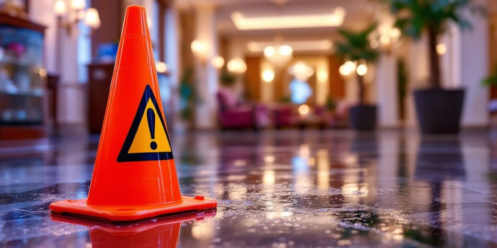 Wet hotel floor with caution cone signaling a hazard.