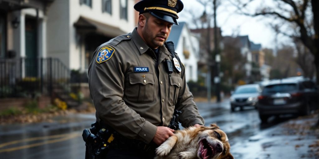 Police officer with injured dog on Boston street.