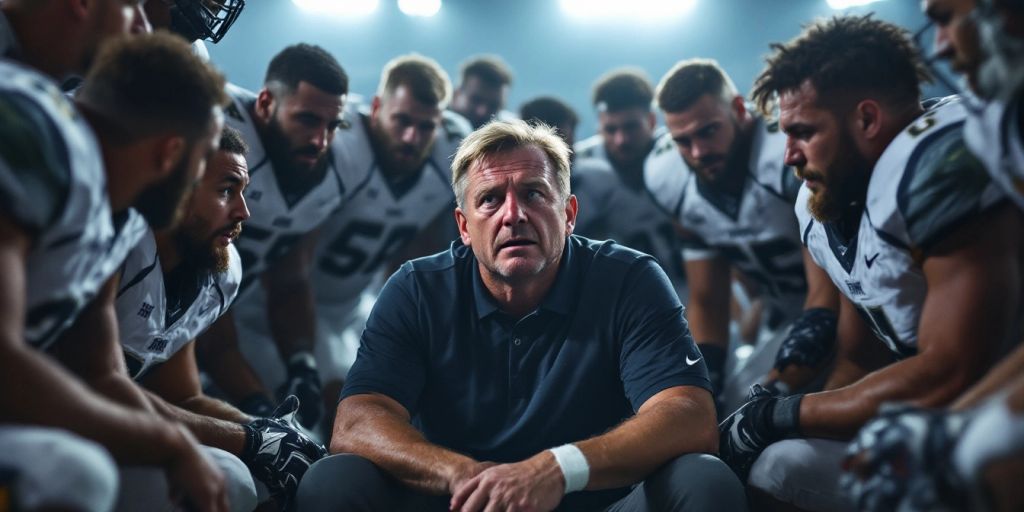 Football coach injured, surrounded by concerned teammates.