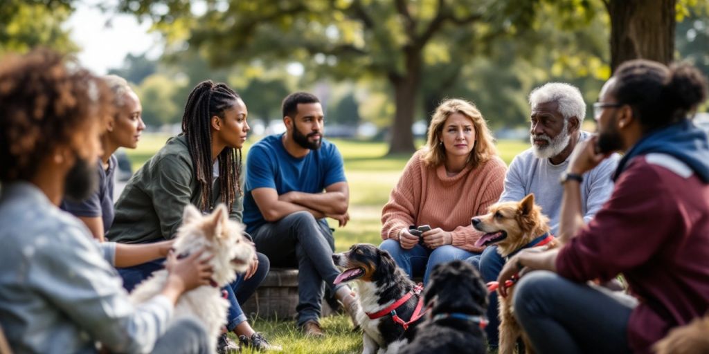 Community meeting about dog safety with pet owners and dogs.