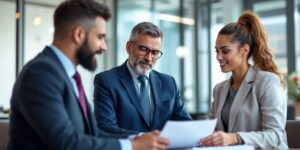 Diverse personal injury lawyers discussing in a modern office.