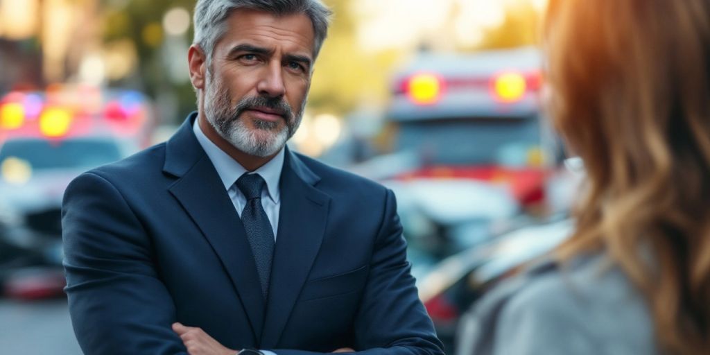 Lawyer consulting with client at a car accident scene.