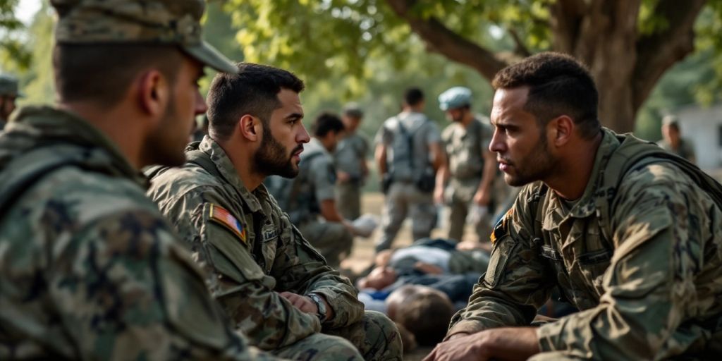 Soldiers discussing serious injuries in a military setting.