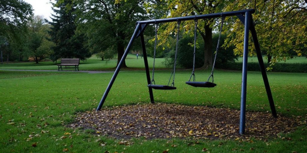 Empty swing set in a quiet park in Yorkshire.