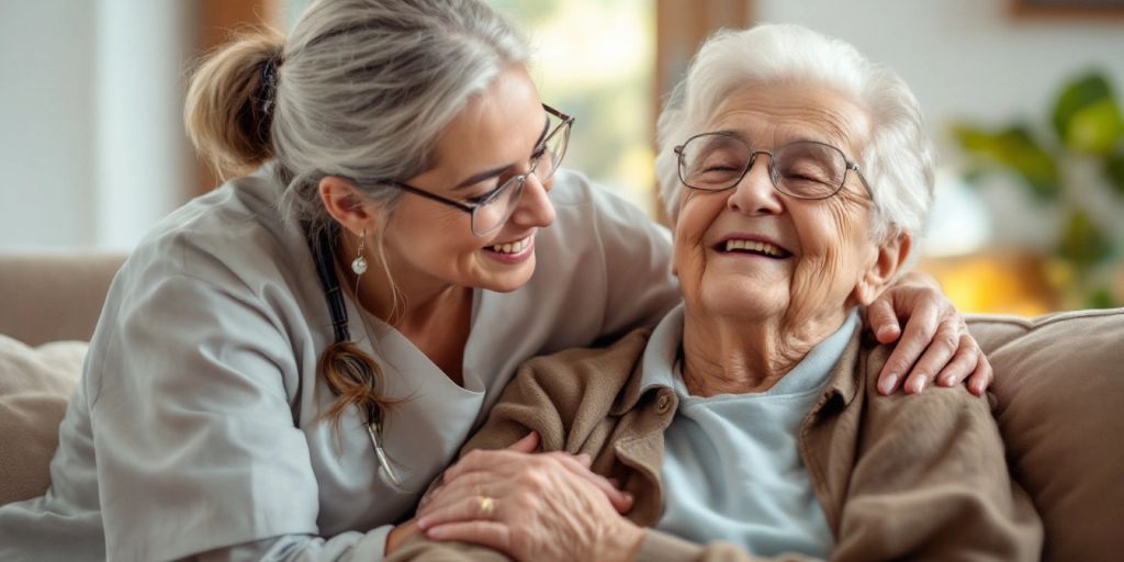 Caregiver and elderly resident in a nursing home setting.