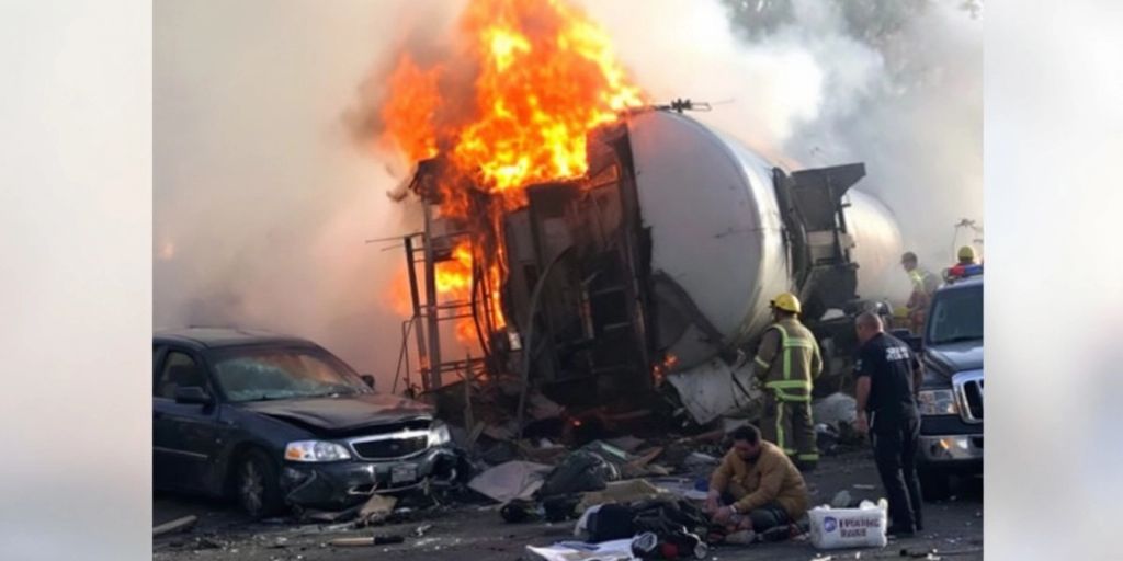 Tanker truck crash in South LA with emergency responders.