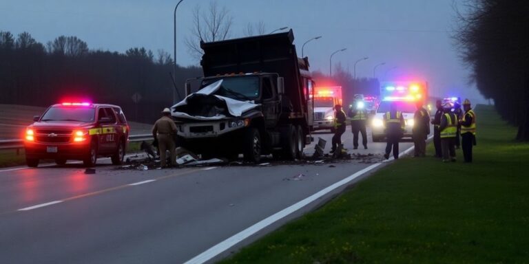 Dump truck accident site with emergency responders on scene.