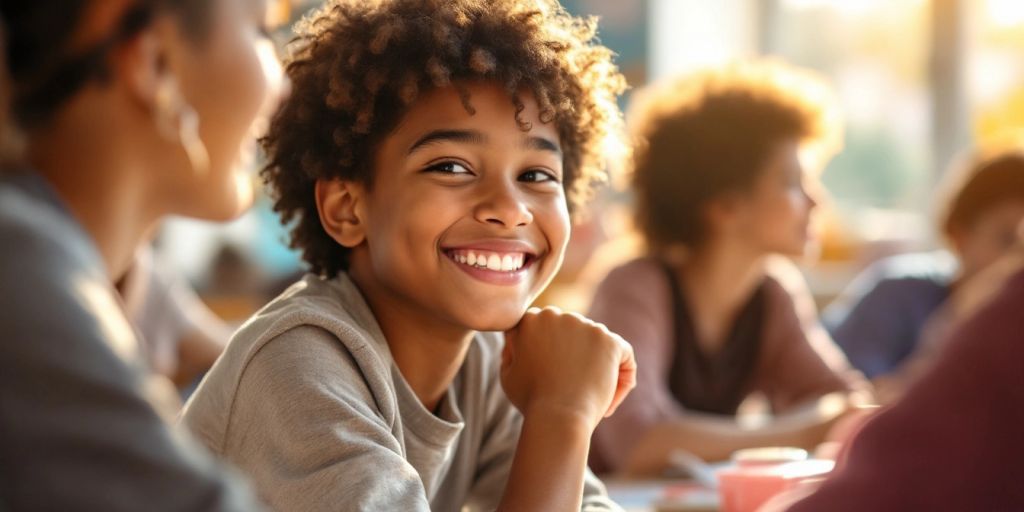 Smiling student in a bright classroom with supportive peers.