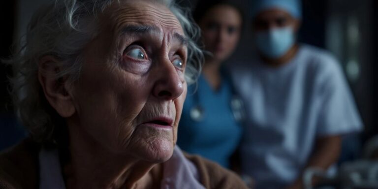 Elderly person looking vulnerable in a dim care facility.