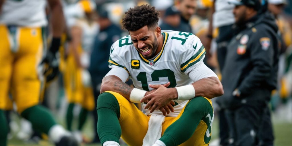 Jordan Love injured on the field during Packers game.