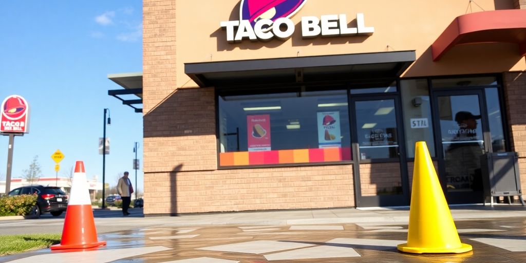 Wet floor at Taco Bell with caution cones present.