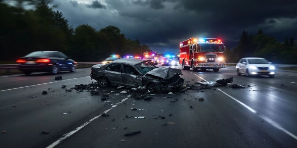 Car accident scene with emergency vehicles and debris.