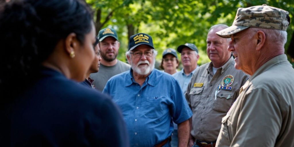 Veterans discussing brain injury support outdoors.