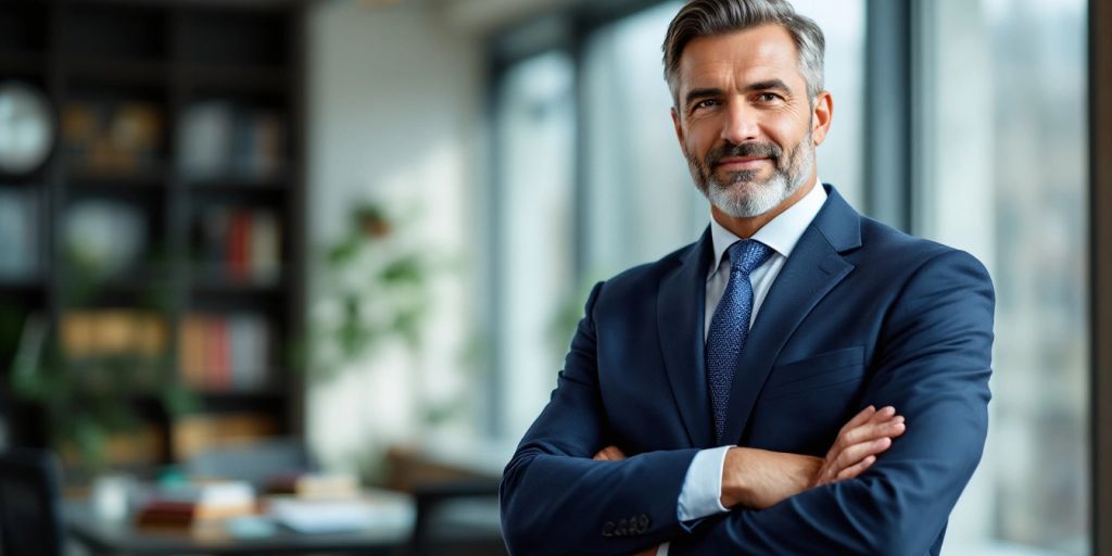 Attorney in a suit standing confidently in an office.