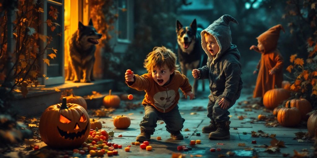 Children in costumes with barking dog on Halloween night.