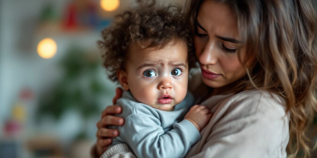 Parent holding worried infant in daycare setting.