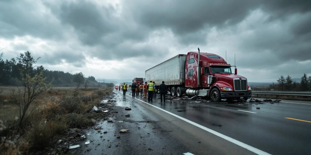 Truck accident scene with emergency responders and debris.