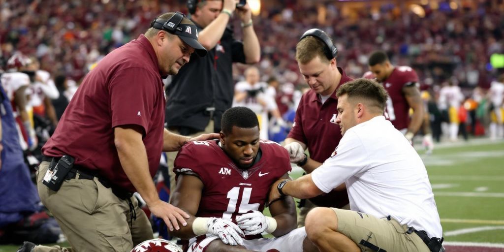 Alabama A&M linebacker receiving medical attention on field.