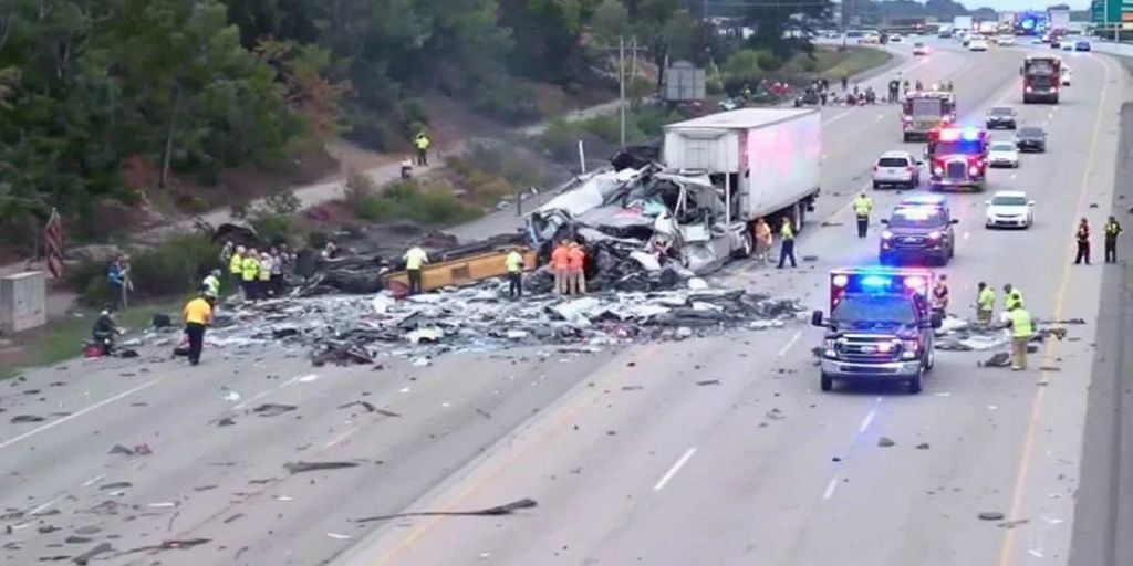 Truck crash scene with emergency vehicles and debris.