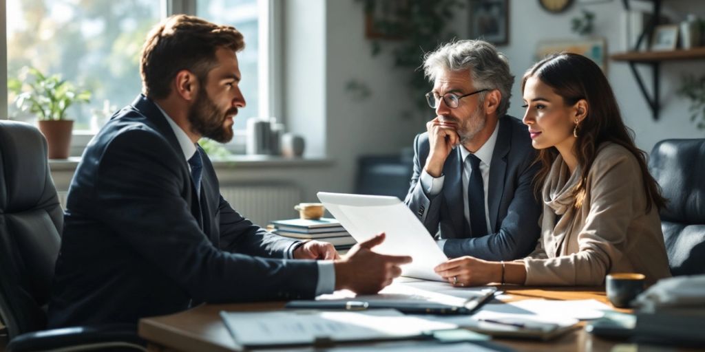 Lawyer consulting with a client in a professional office.