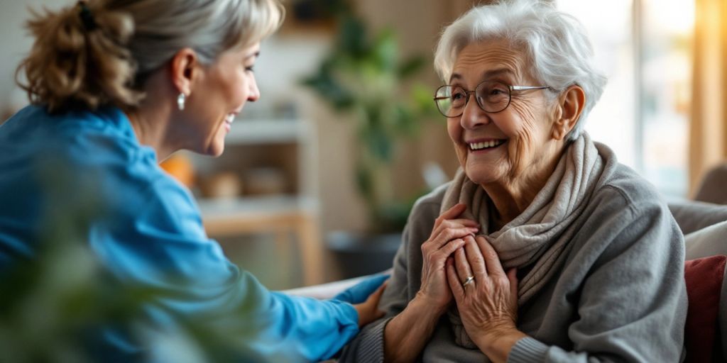 Caregiver helping elderly person in a nursing home.