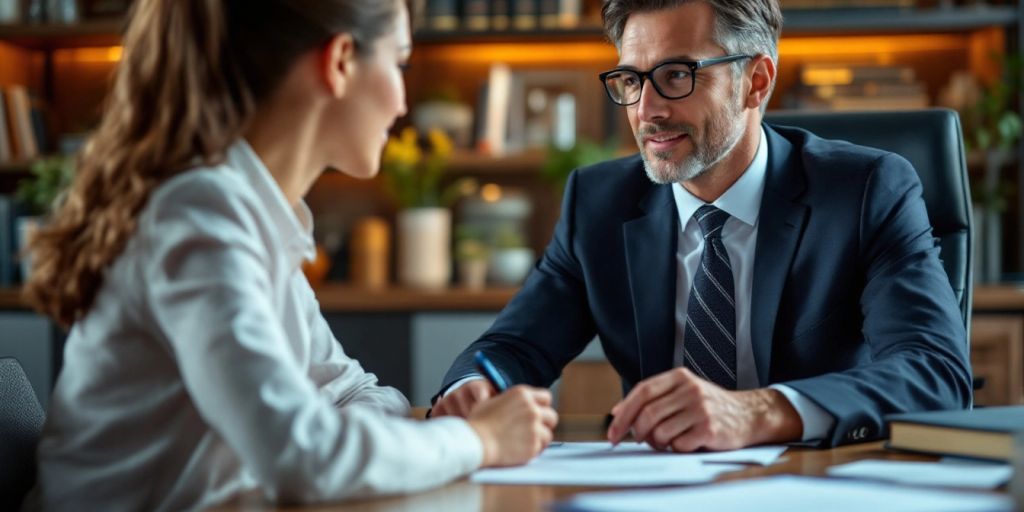 Lawyer meeting with client in a professional office.