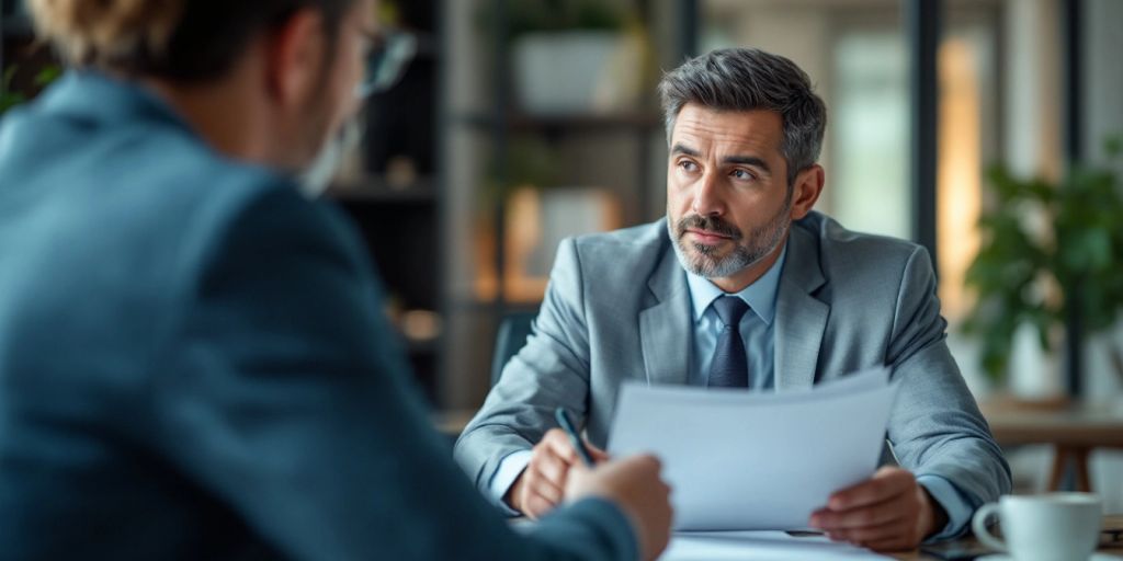 Injury lawyer consulting with a client in an office.