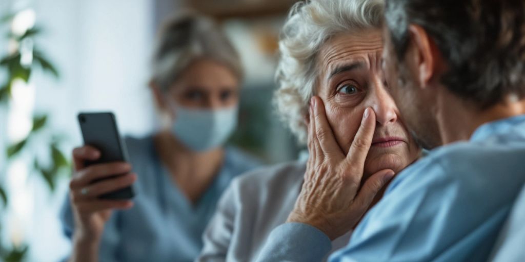 Elderly resident looking distressed in nursing home.