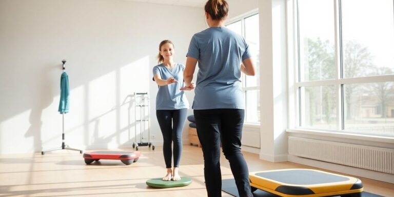 Therapist helping patient with rehabilitation exercises indoors.