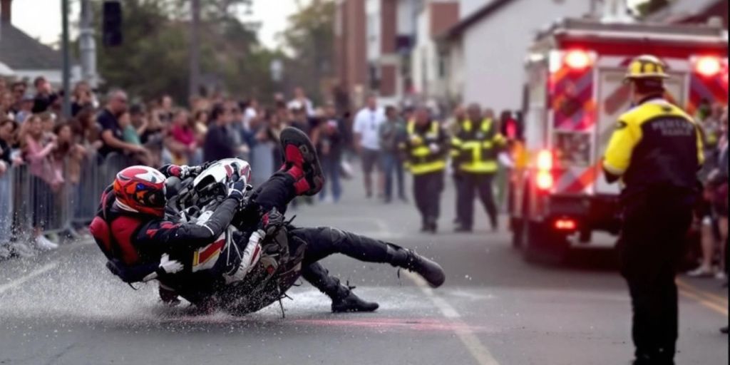 Motorcycle accident scene with injured rider and passenger.