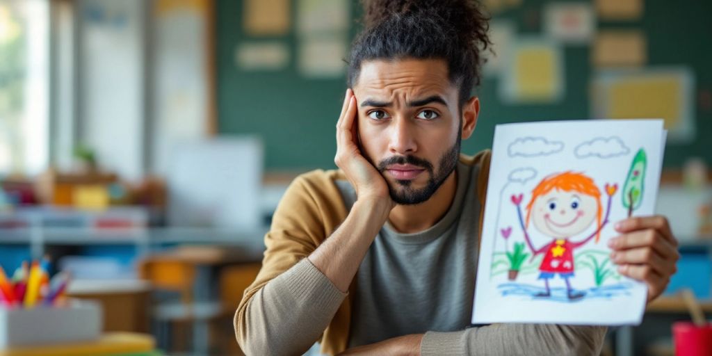 Worried parent holds child's drawing in school setting.