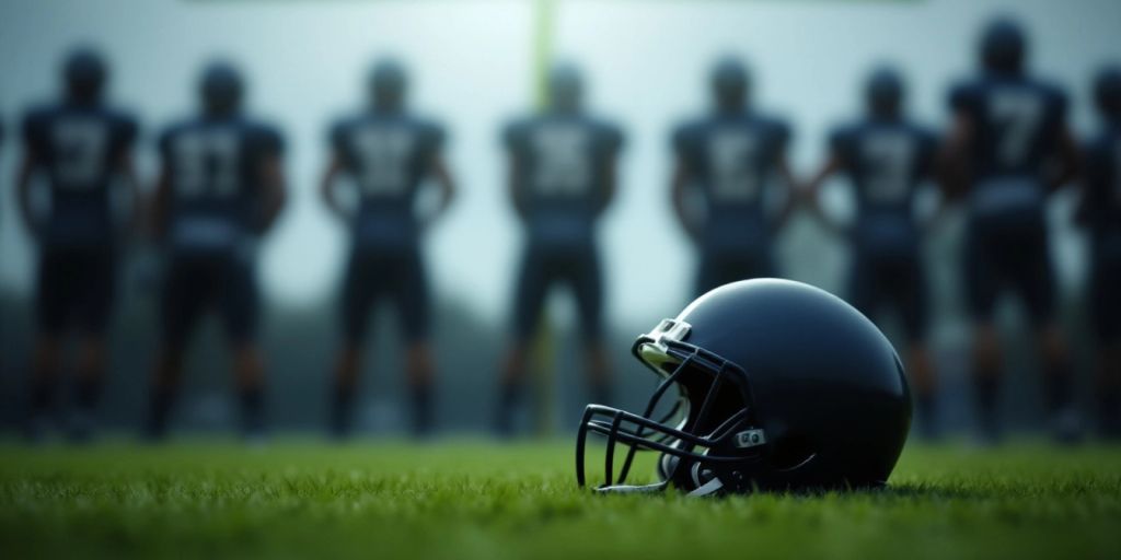 Empty football helmet on grass, representing a tragic loss.