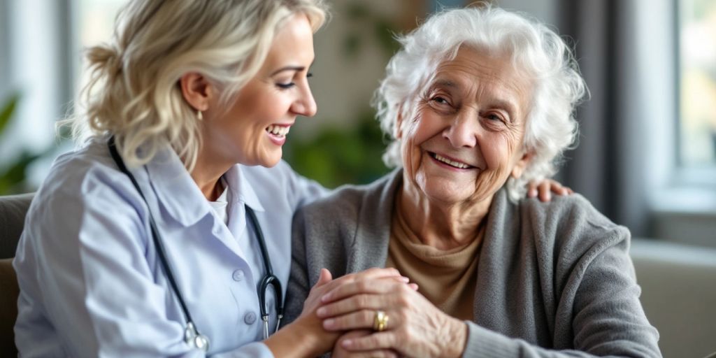 Caregiver with elderly resident in a nursing home setting.