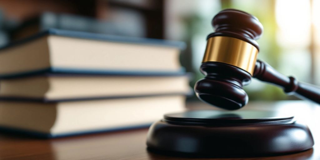 Courtroom with a gavel and legal books.