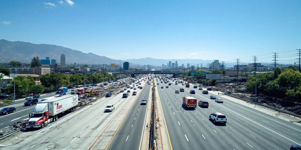 Reopened 110 Freeway with emergency vehicles on the side.