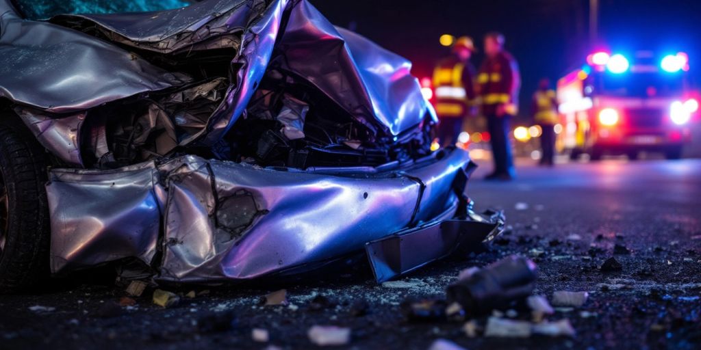 Damaged car on roadside with emergency responders present.