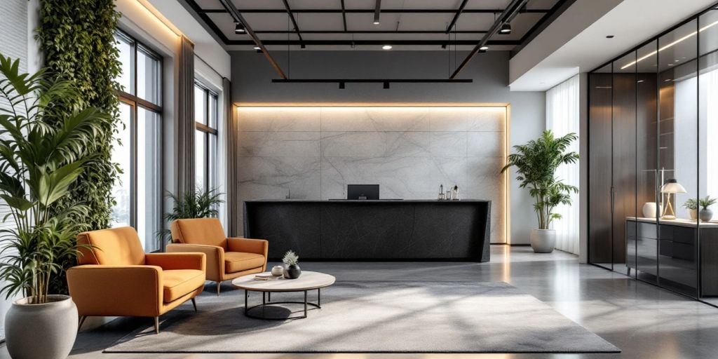 Modern law office interior with sleek furniture and decor.