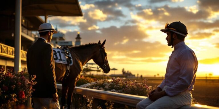 A horse and jockey in a somber racetrack scene.