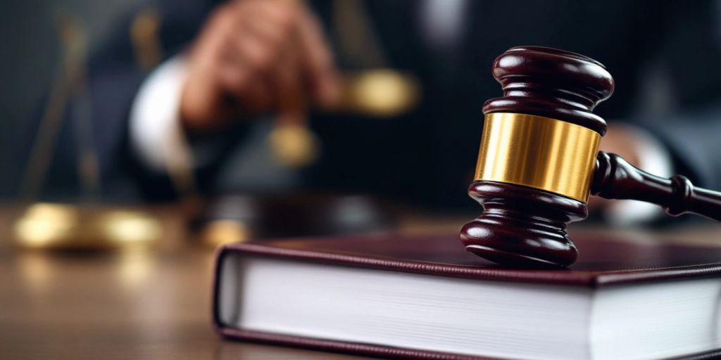 Gavel on law book in a courtroom setting.