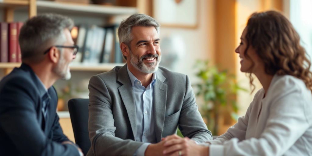 Personal injury lawyer consulting a client in a warm office.