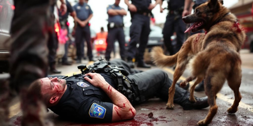 Injured officer with aggressive dog in chaotic scene.