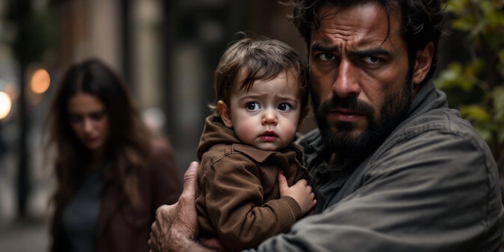 Father and child in distress, woman in background.