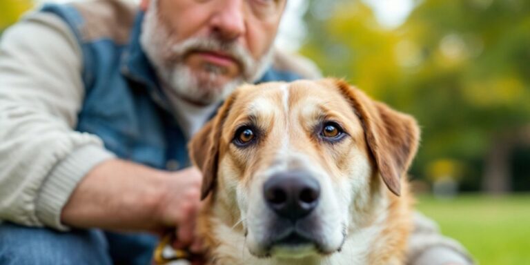 Concerned dog owner with a calm dog in a park.