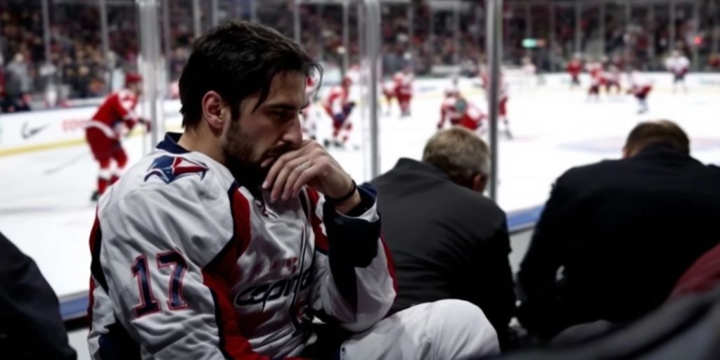 Alex Ovechkin on the bench, looking frustrated after injury.