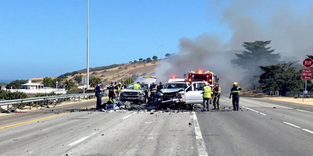 Car crash on highway with emergency responders present.