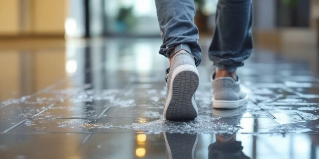 Person walking carefully on a wet floor to prevent slips.